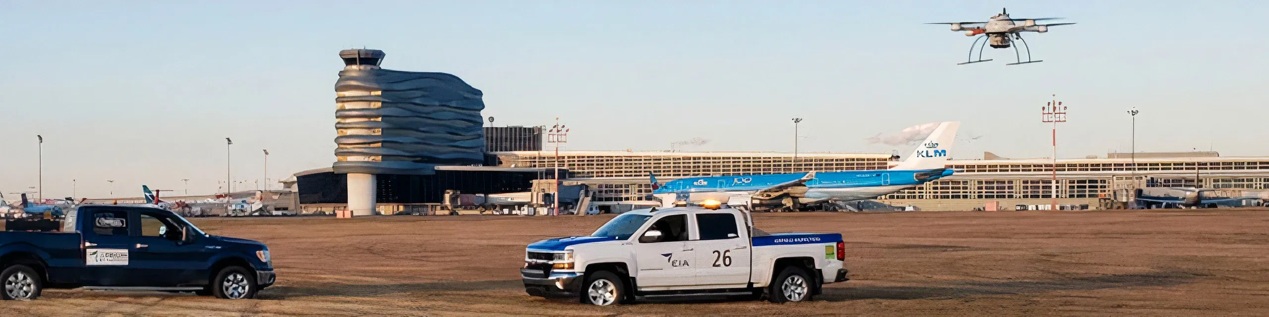 Two Aerium Analytics trucks outside airport with drone flying in the air