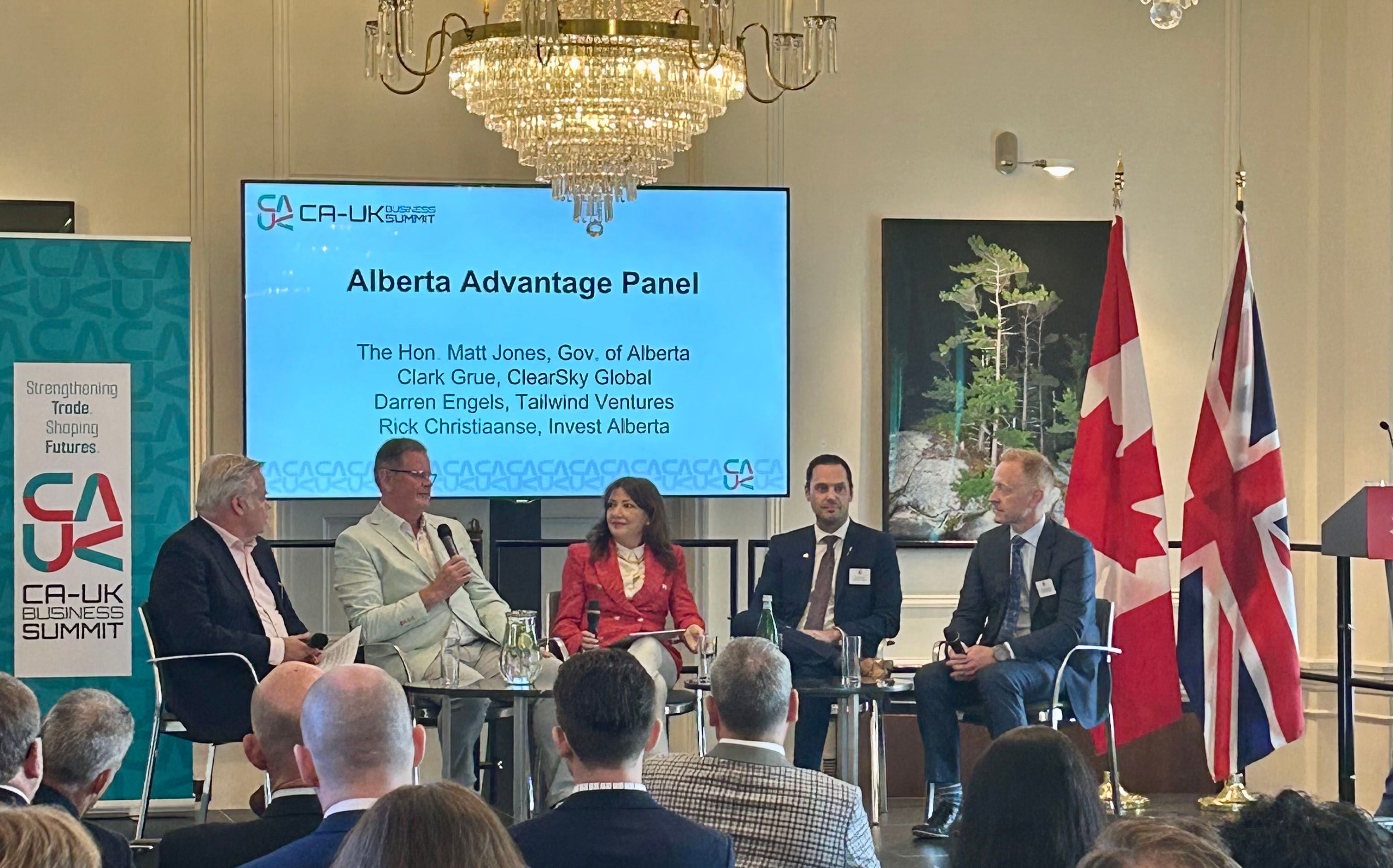 Left to right: Rick Christiaanse, InvestAlberta; Clark Grue, President and CCO, ClearSky Global; Marcy Grossman, Chair, Celebrate Canada Worldwide; Matt Jones, Minister of Jobs, Economy and Trade, Gov. of Alberta; Darren Engels, CEO of Tailwind Venture