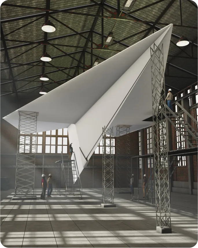 Two people standing under airplane sized paper airplane sitting on metal columns